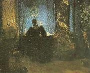Anna Ancher den vest med bla gardinerre stuefru ancher ved skrivebordet oil painting